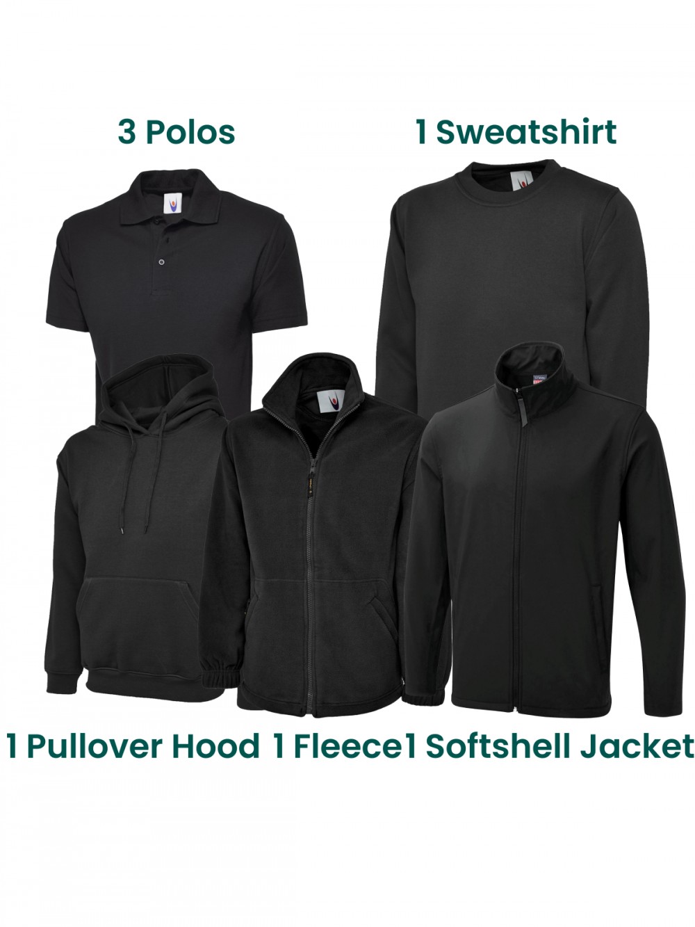 printed / embroidered workwear bundle - 3 polos 1 sweatshirt 1 fleece  1 pullover hood 1 softshell jkt