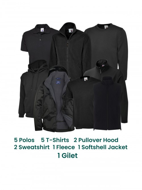Printed / Embroidered Workwear Bundle - 5 Polos 2 Sweatshirts 1 Fleece 5 T-shirts 1 Softshell Gilet 2 Pullover Hoods 1 Softshell Jacket 1winter Jacket 