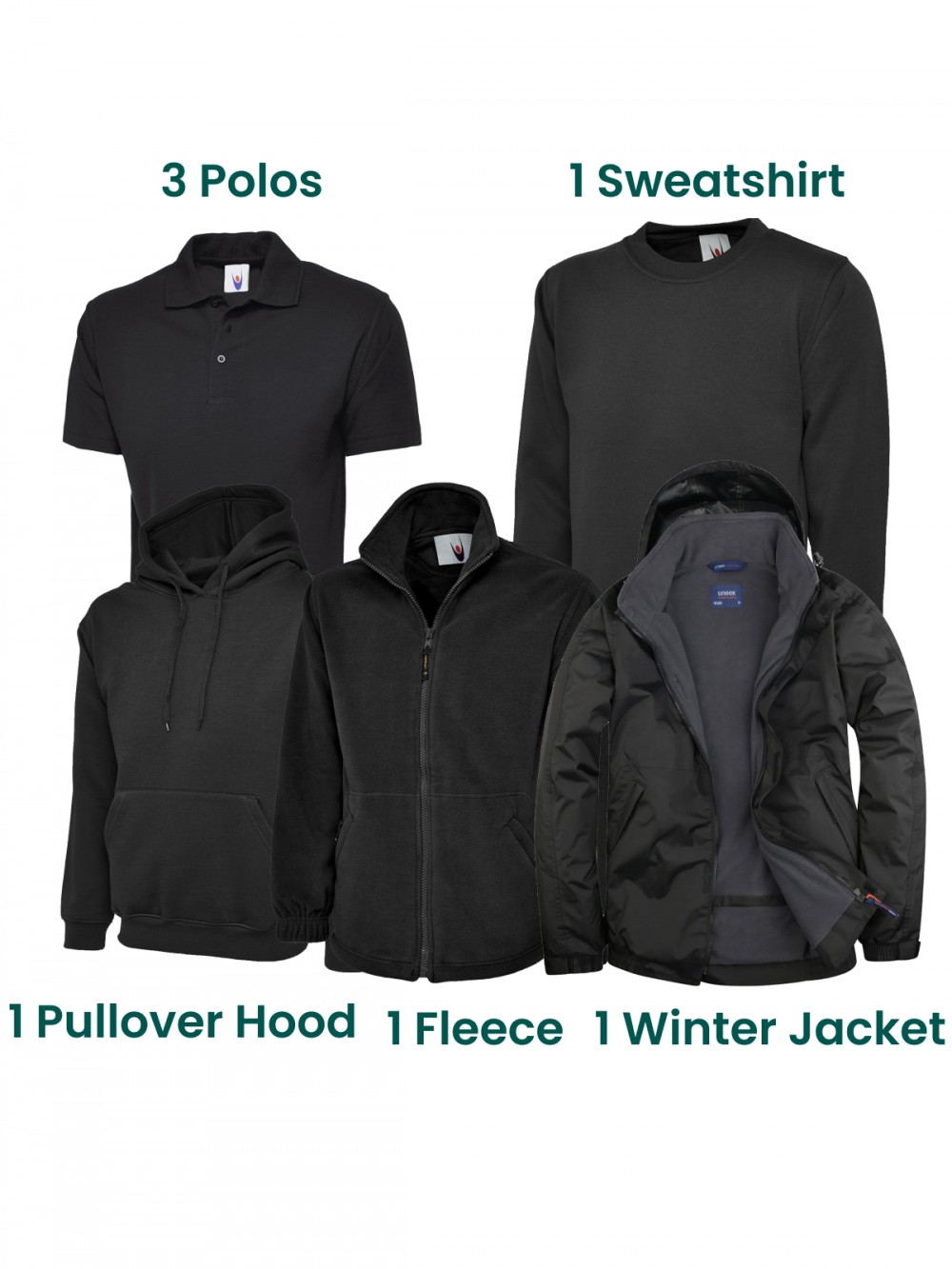 printed / embroidered workwear bundle - 3 polos 1 sweatshirt 1 fleece 1 pullover hood 1 winter jacket