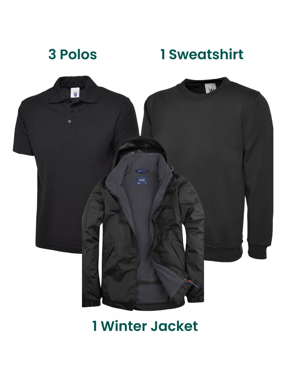 printed / embroidered workwear bundle- 3 polos 1 sweatshirt 1 winter jacket