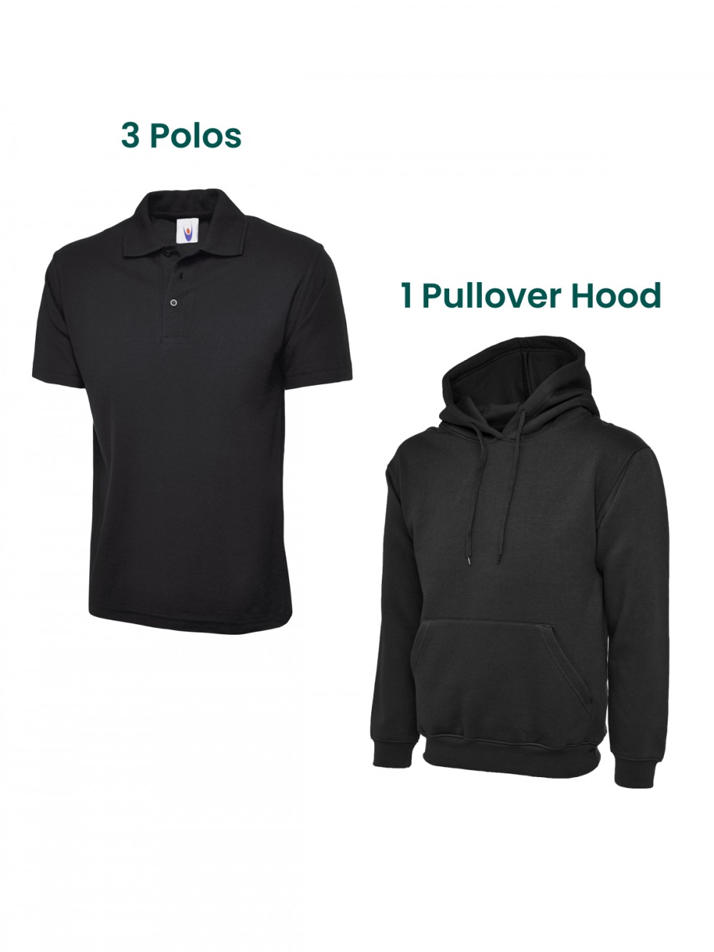 printed / embroidered workwear bundle - 3 polos 1 pullover hood