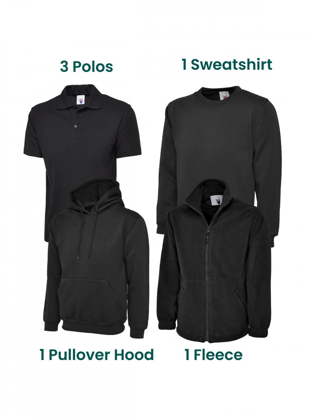 printed / embroidered workwear bundle - 3 polos 1 sweatshirt 1 fleece 1 pullover hood